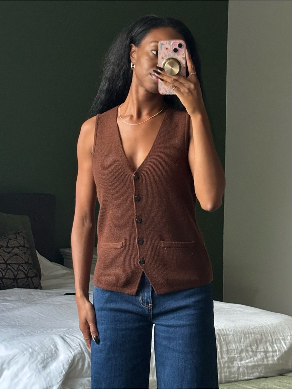 Tahari Brown V-Neck Button-Front Knit Vest